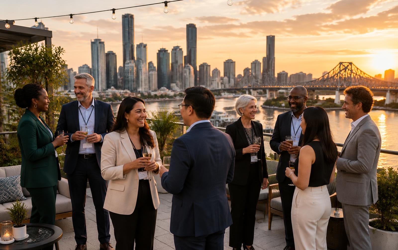 We Belong members networking at a rooftop event at golden hour with the Brisbane skyline behind them