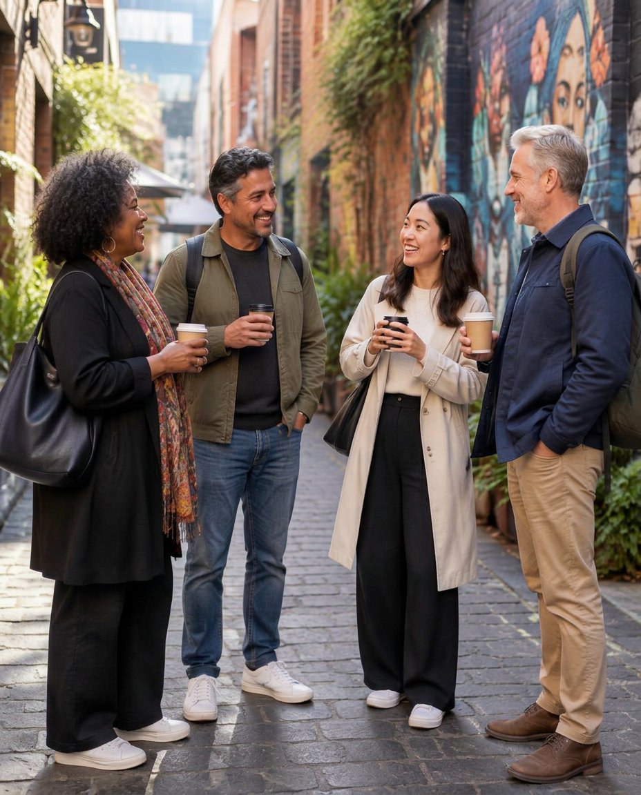 Two adults meeting over coffee in a Melbourne laneway