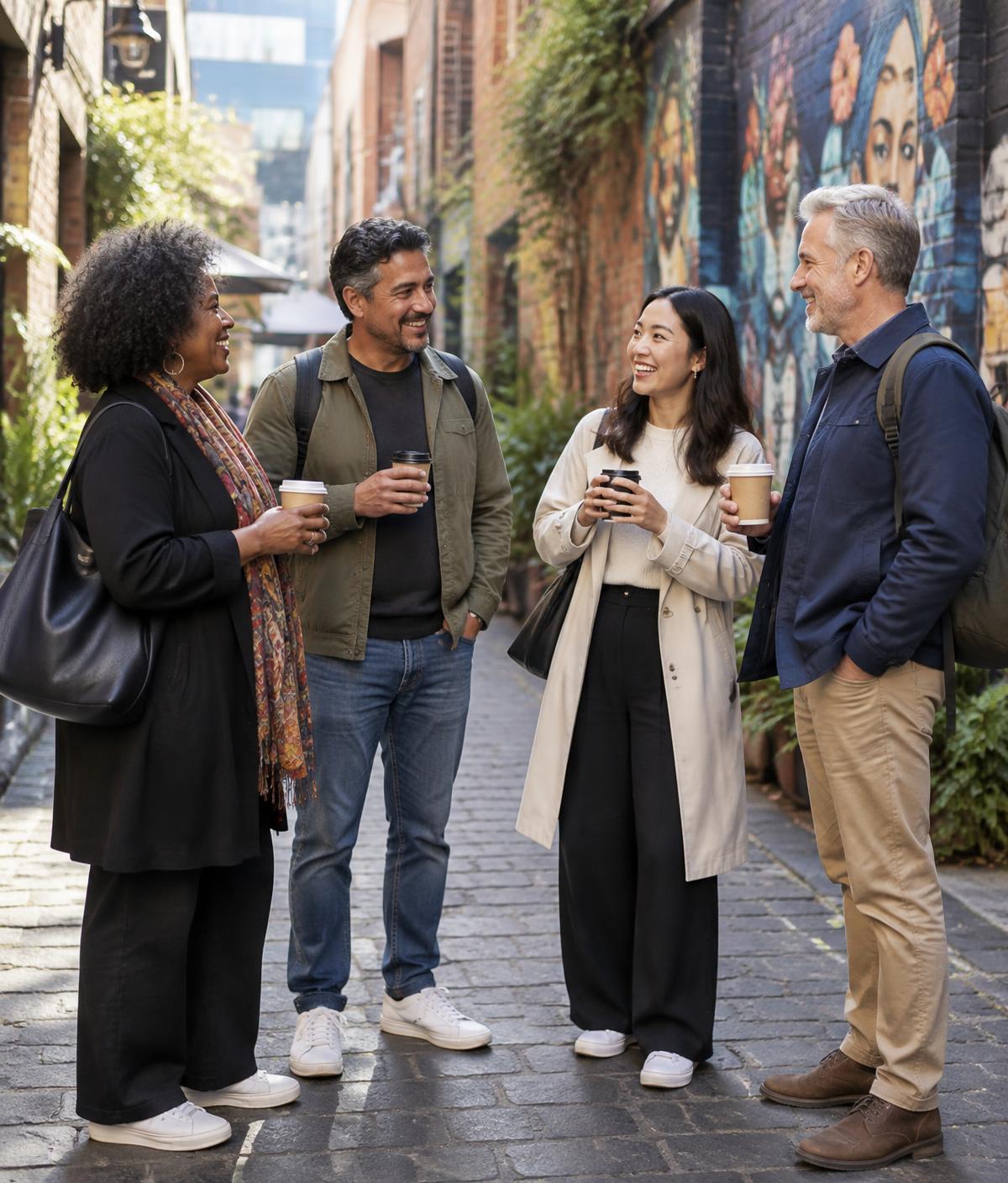 Two members meeting over coffee in a Melbourne laneway