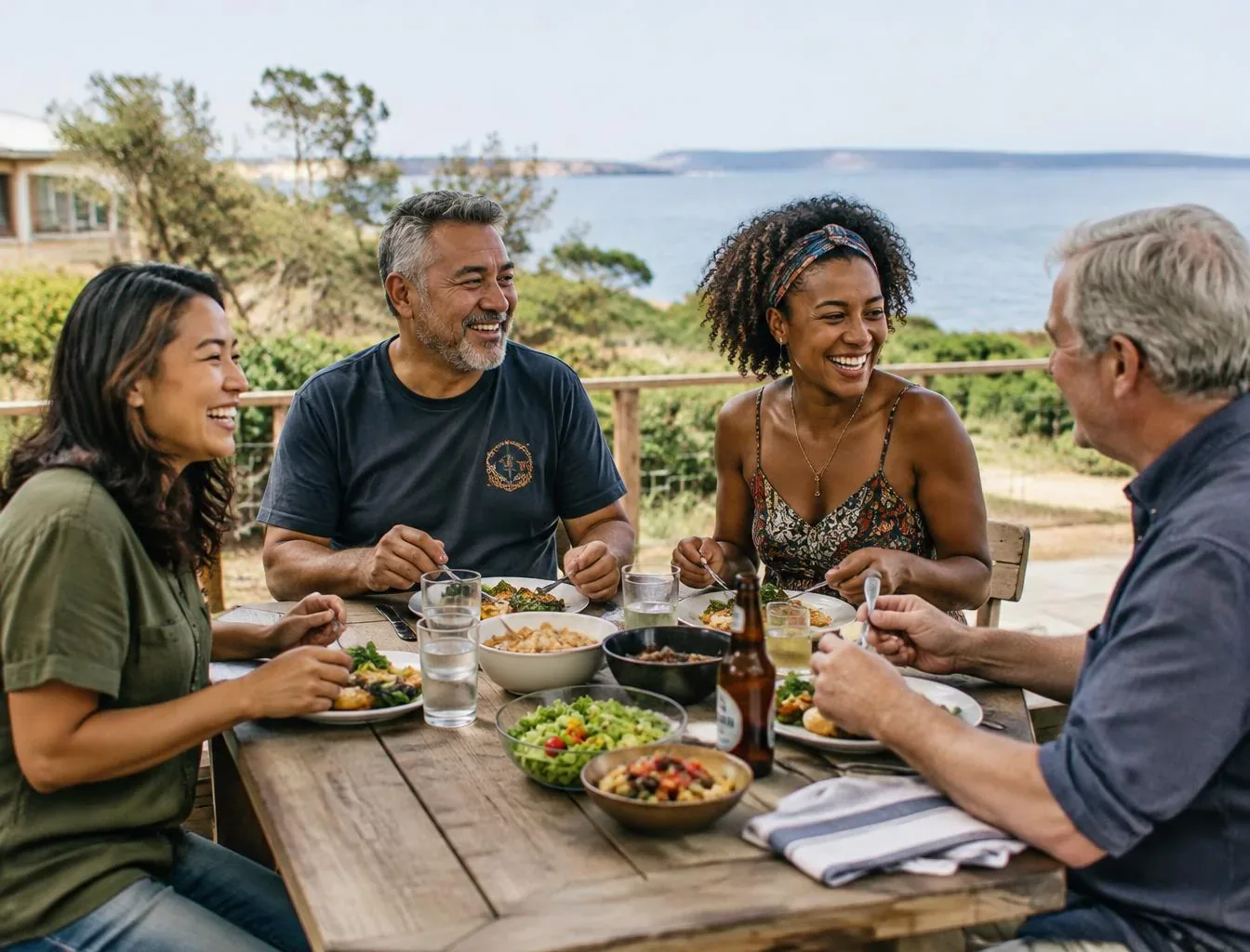 A small group of adults of mixed ages sharing a casual meal at an outdoor table