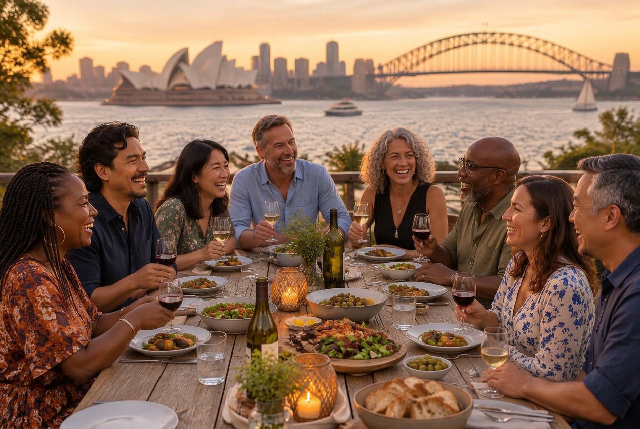 Friends sharing dinner overlooking Sydney Harbour